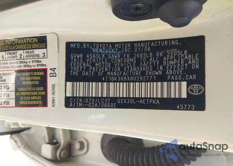 2008 Toyota Avalon Limited z USA, uszkodzony, nr VIN 4T1BK36BX8U292771